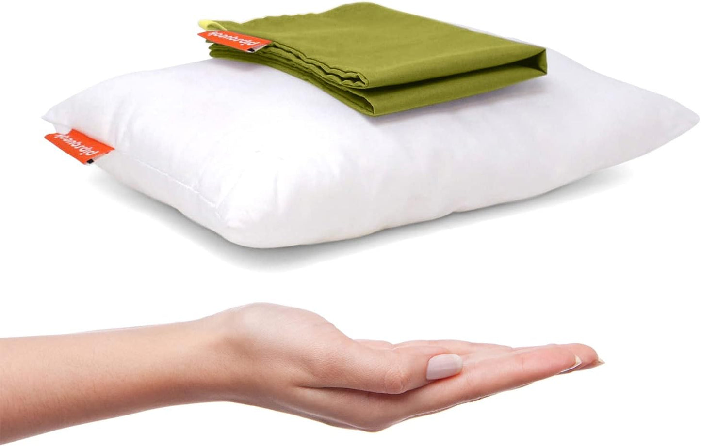 Pipsqueak Small | Tiny | Mini Pillow with Name Tag - 11in x 7in x 2.5in - Machine Washable - White Pillow with Olive Case