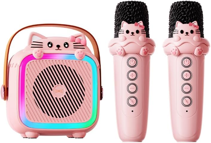 Karaoke Machine with 2 Wireless Microphones for Kids Adults,Portable Bluetooth Speaker Girls Toddlers Toy Gift for Aged 3-12 Year Birthday Parties Christmas Party - Pink