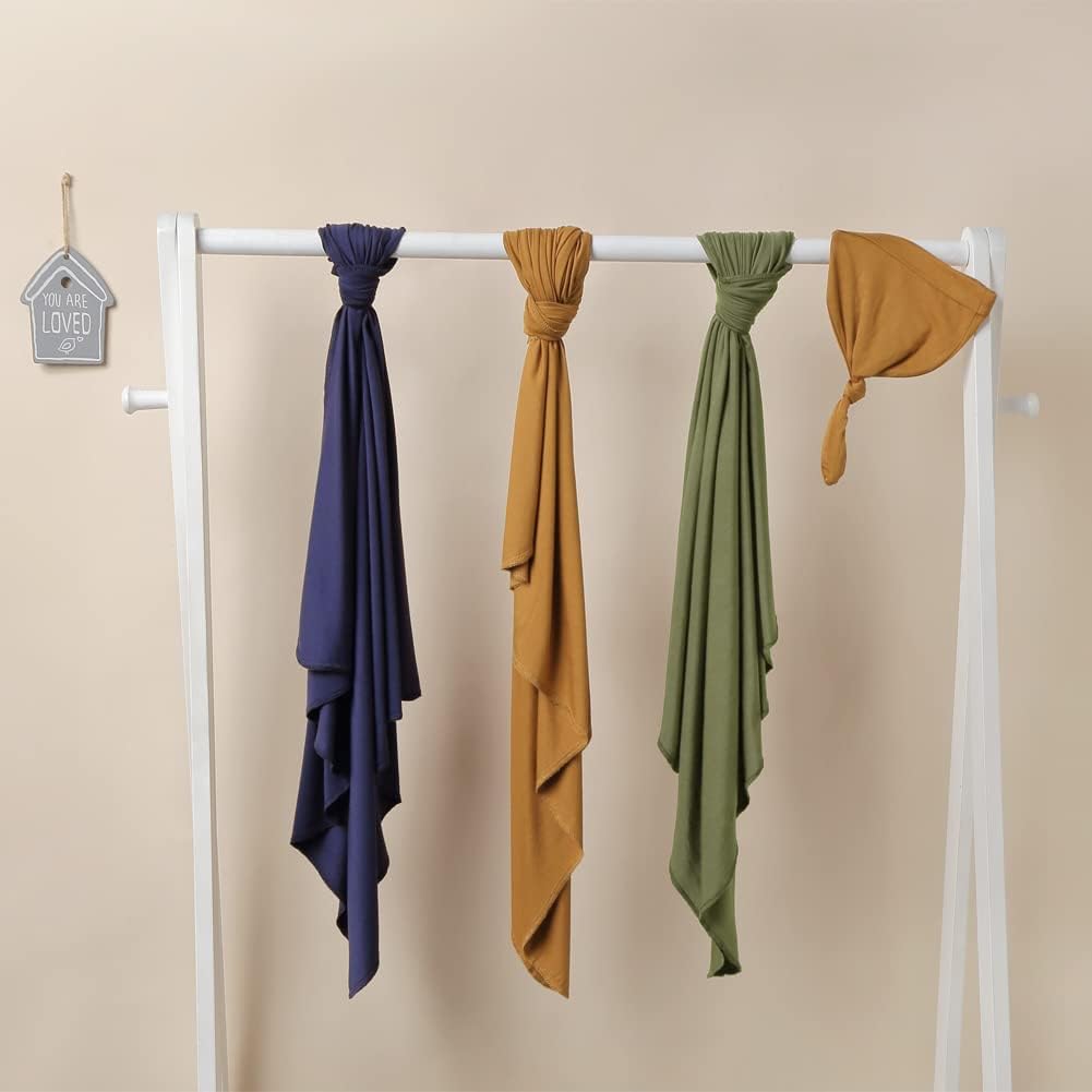 iEvolve Cotton Knitted Baby Swaddle Blanket with Hat Headband Set Newborn Swaddle Wrap Receiving Blankets for Baby Girl Boy 35" x 35"(Sapphire Blue)