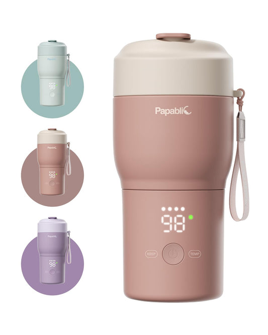 Papablic Pro Portable Bottle Warmer for Travel– Fast Heating, Steam Sterilizer, 30W Fast Charge, 5-Temp Control, Easy-Clean Wide Mouth, Baby Milk Warmer for Breastmilk & Formula, Almond Rose