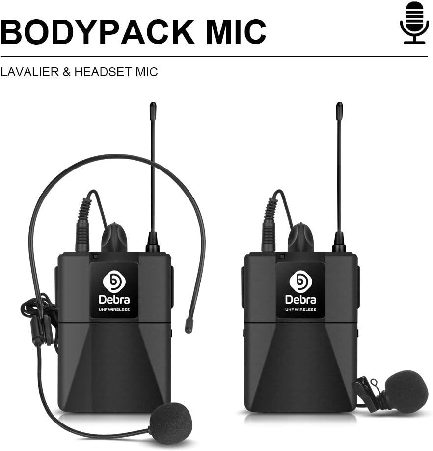 Debra Audio Pro UHF 4 Channel Wireless Microphone System with Cordless Handheld Lavalier Headset Mics, Metal Receiver, Ideal for Karaoke Church Party (with 4 Bodypack (A))