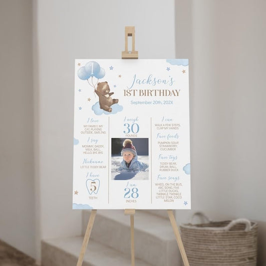 Generic Personalized Beary First Birthday Milestone Poster, Teddy Bear Photo Milestone Sign, Boho Brown Bear Party Stats Board, Design 07