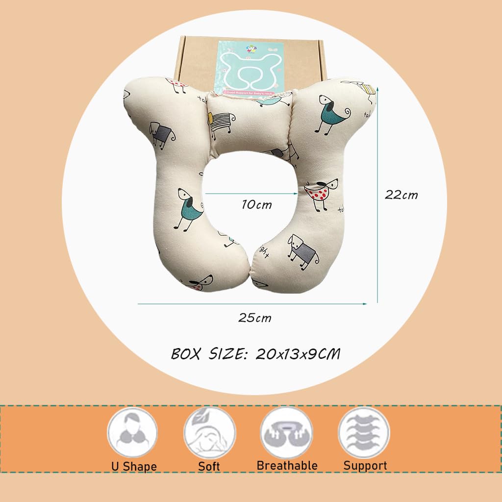 Baby Neck Pillows, Comfortable Baby Travel Head Neck Support for Car Seat Stroller Pushchair, Soft PP Cotton Travel Cushion for 0-1 Year Old Toddler Infant Newborn, Dogs