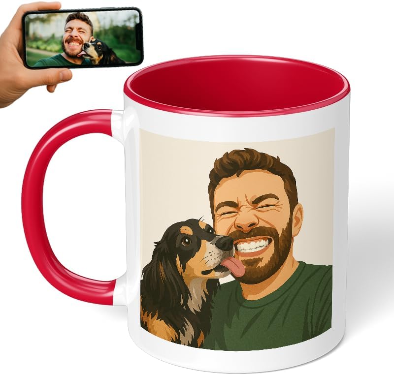 Personalized Coffee Mug, Custom Drawing Portrait Gift, Funny Customized Coffee Gift for Men & Women, Custom Mugs with Pictures, Red 11oz Customized Ceramic Tea Cup