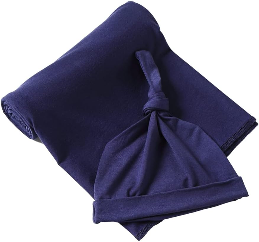 iEvolve Cotton Knitted Baby Swaddle Blanket with Hat Headband Set Newborn Swaddle Wrap Receiving Blankets for Baby Girl Boy 45" x 45"(Navyblue)