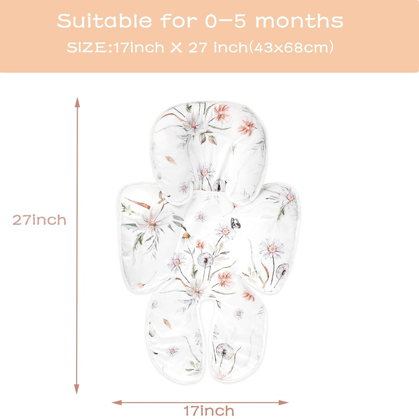 2 in 1 Infant Car Seat Insert, Car Seat Head Support Baby Girls Boys, Soft Newborn Carseat Insert Cushion, Perfect for Carseats, Strollers, Swings (White Flower)
