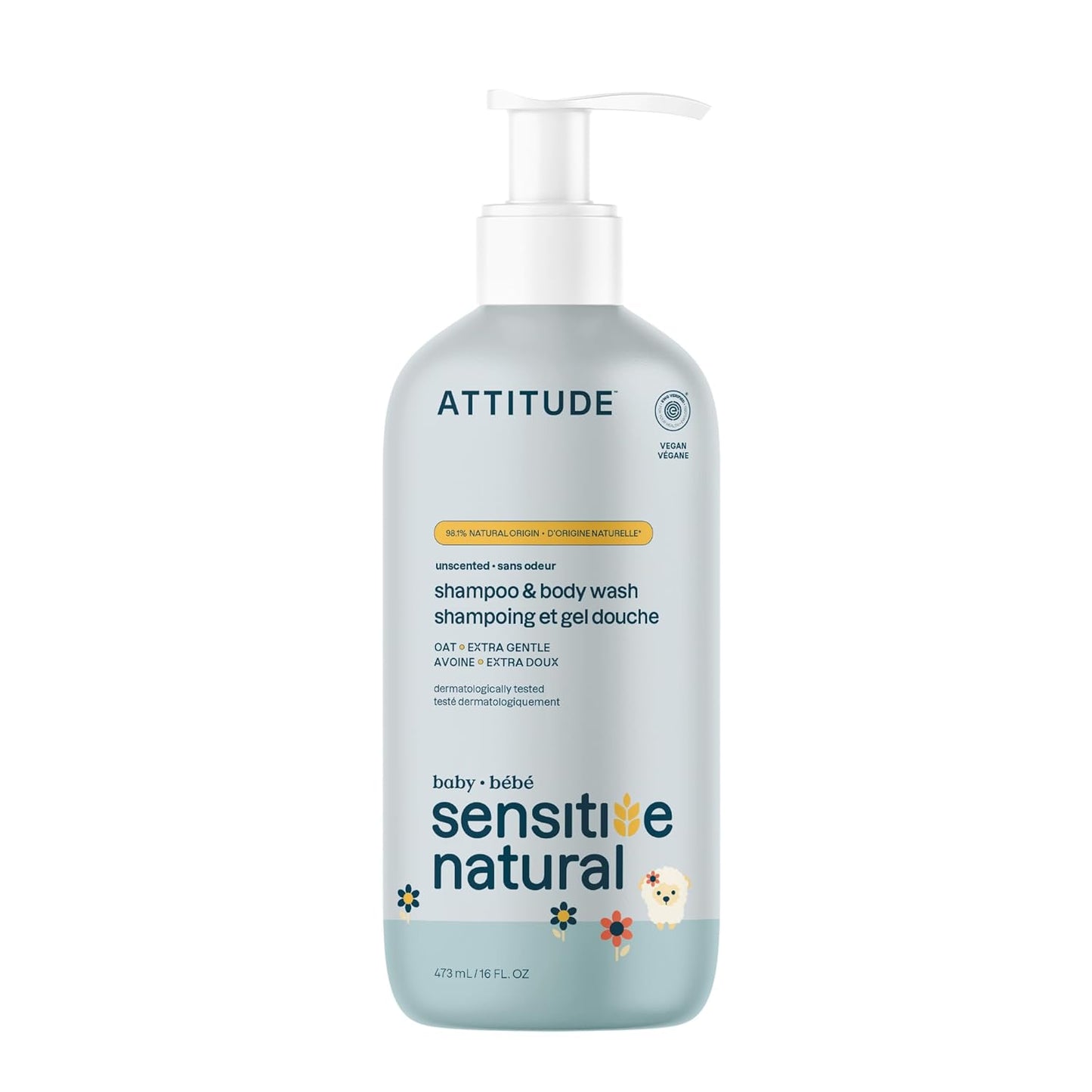 ATTITUDE 2-in-1 Shampoo and Body Wash for Baby, EWG Verified, Plant- and Mineral-Based Ingredients, Vegan and Cruelty-Free Products for Sensitive Skin, Unscented, 16 Fl Oz
