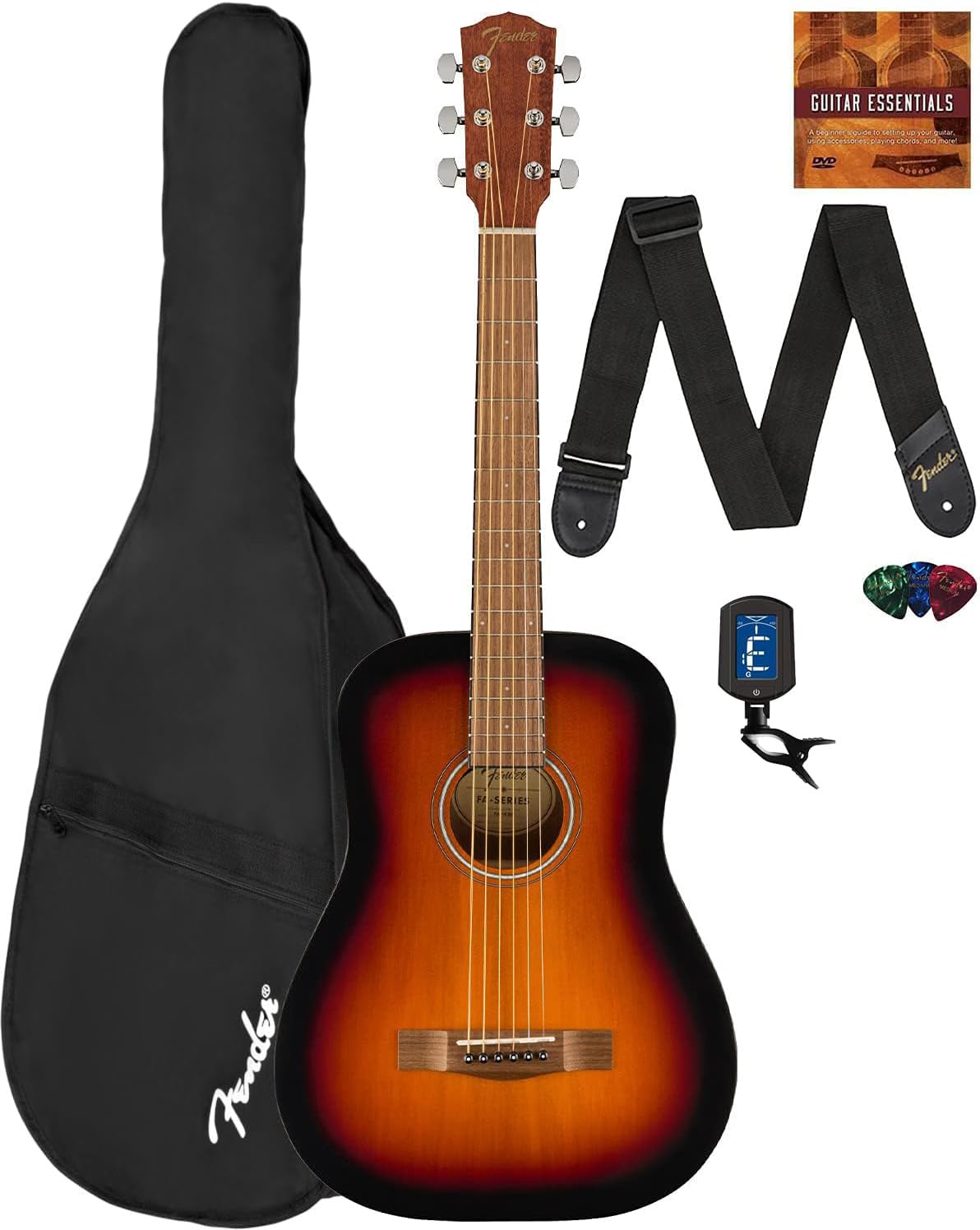 Fender FA-15 3/4-Scale Kids Steel String Acoustic Guitar - Sunburst Learn-to-Play Bundle with Gig Bag, Tuner, Strap, Picks, Fender Play Online Lessons, and Austin Bazaar Instructional DVD