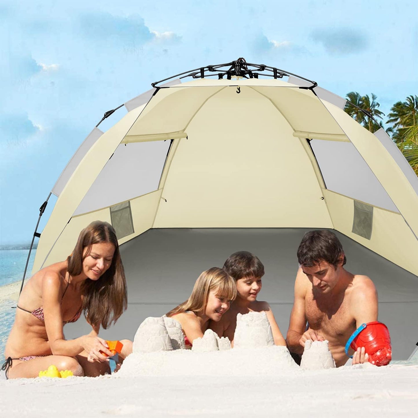 Oileus X-Large 4 Person Beach Tent Sun Shelter - Portable Sun Shade Instant Tent for Beach with Carrying Bag, Stakes, 6 Sand Pockets, Anti UV for Fishing Hiking Camping, Waterproof Windproof, Khaki