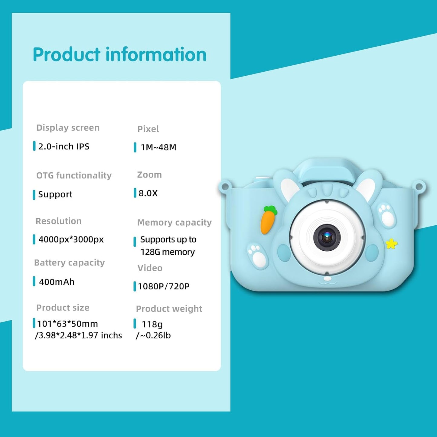 Kids Camera Toys,48MP Dual Lens with 64G SD Card and Cartoon Soft Cover for 3-8 Year Old Girls Boys (Bluer)