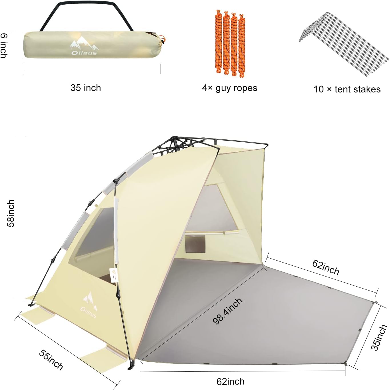 Oileus XX-Large Pop Up Beach Tent Sun Shelter for 5-6 Person Portable Sun Shade Instant Tent for Beach with Carrying Bag, Stakes, 6 Sand Pockets, Anti UV for Fishing Hiking Camping Khaki
