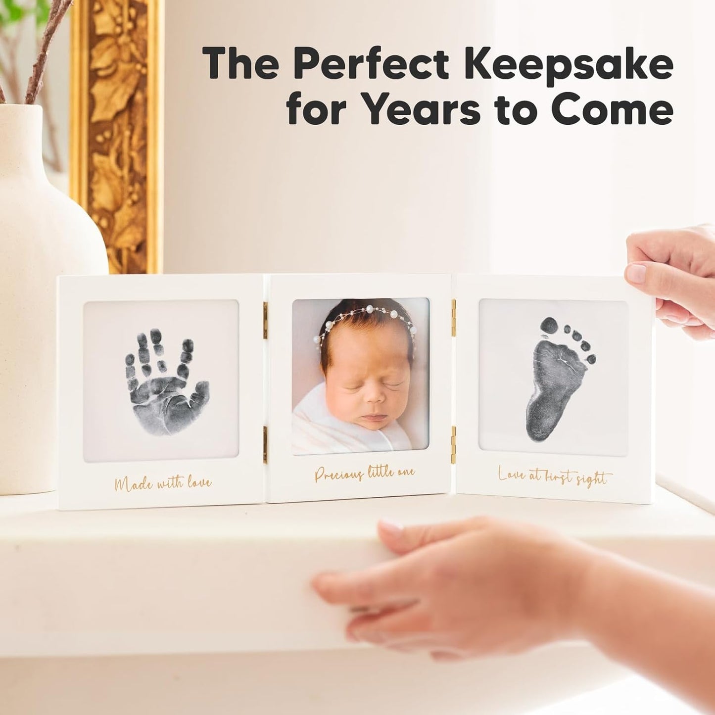 Inkless Baby Handprint and Footprint Kit for Newborn - Baby Footprint Kit,Newborn Keepsake Nursery Picture Frame,Dog Paw Print Maker,Personalized Gifts for New Mom,Showers & Registry(White/Gold)