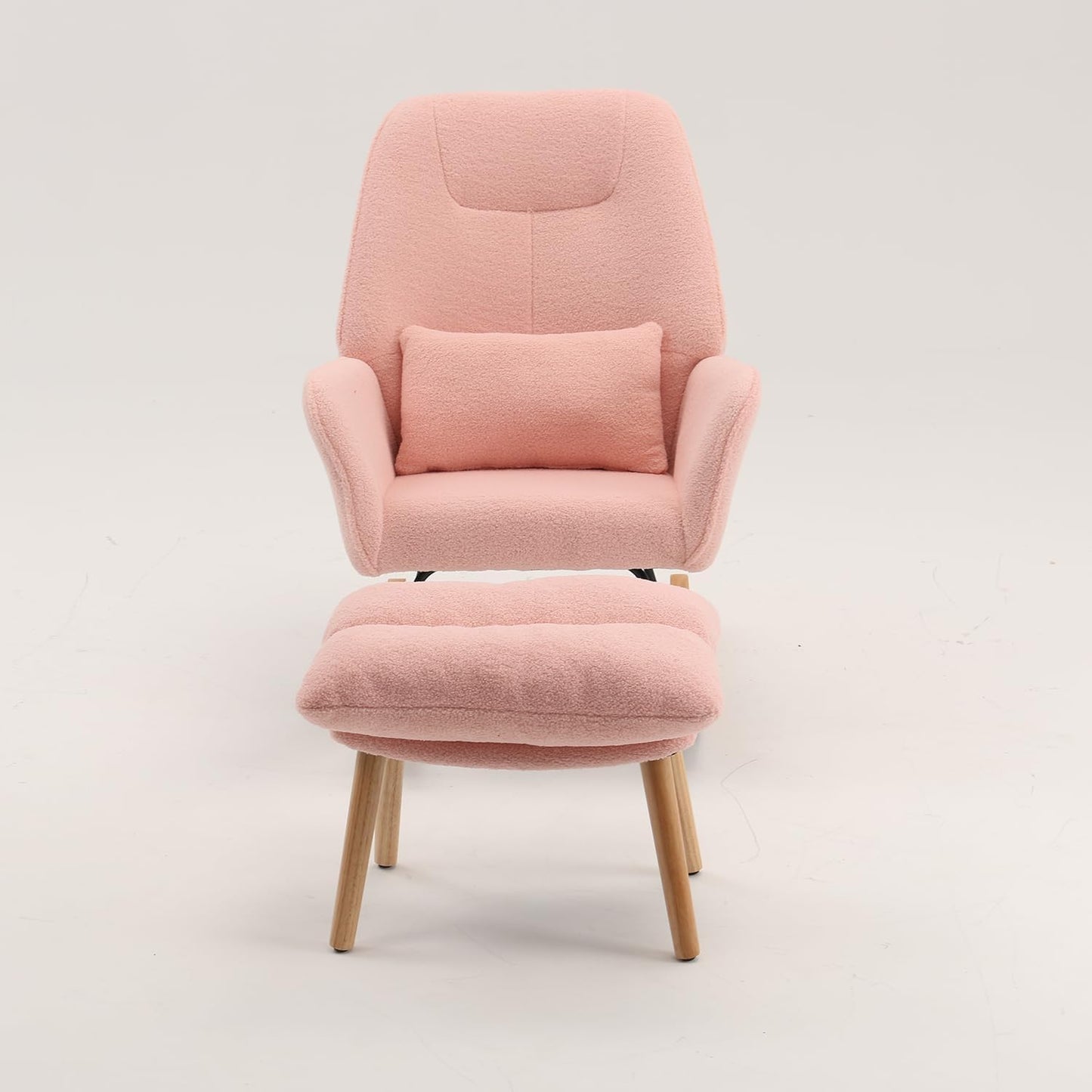 Boucle Rocking Chair with Ottoman and Pillow, Sherpa Furry Accent Arm Chair Lounger, Teddy Fabric Glider Rocker Chair for Living Room/Bedroom/Nursery, High Back, Pink