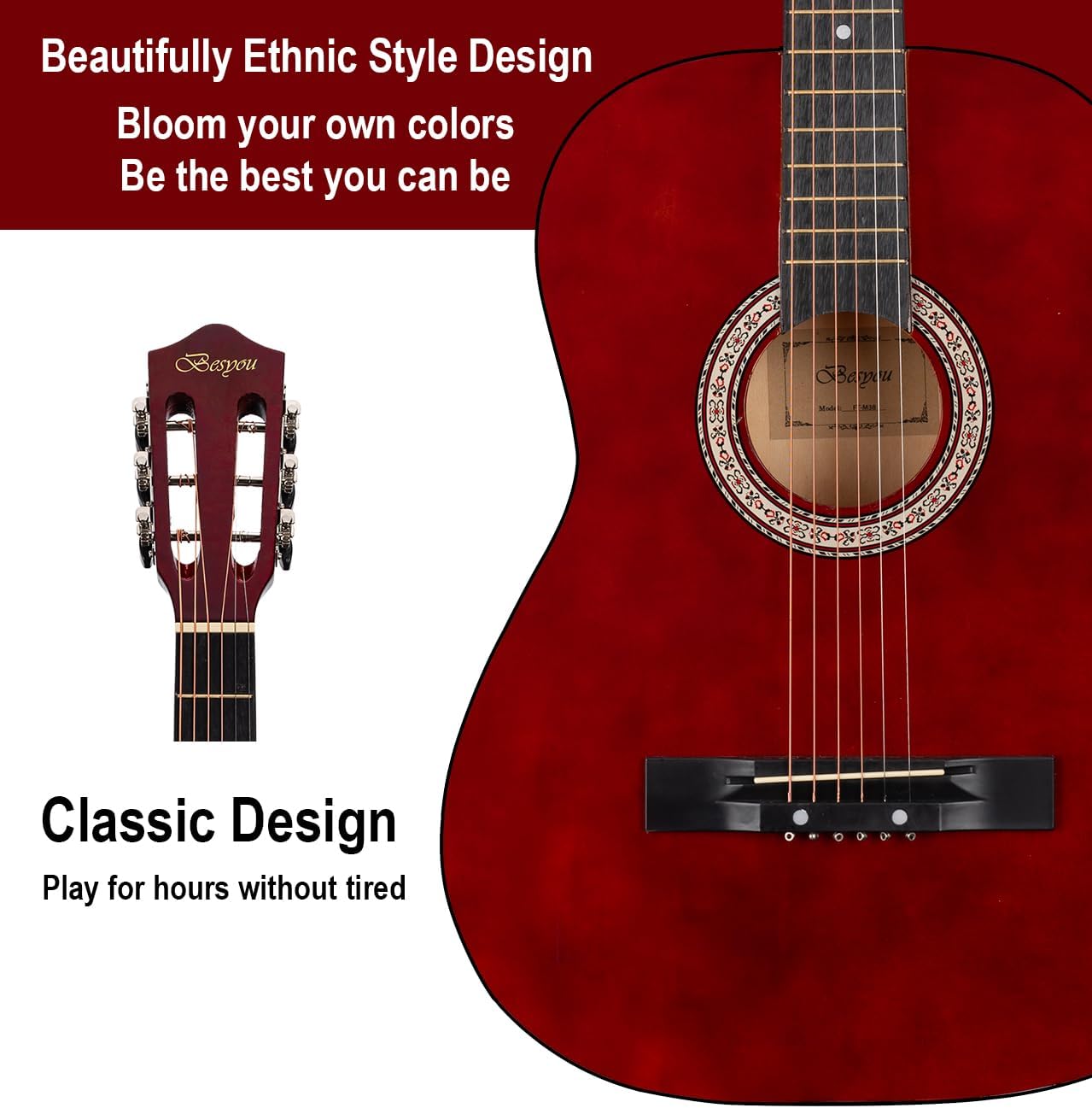 38in Beginner Acoustic Travel Guitar Basic Starter Kit Tuner Capo Strings Winders Strap Picks Pickguard with Gig Bag Starter Practice Guitar For Kids Teens Students Adults