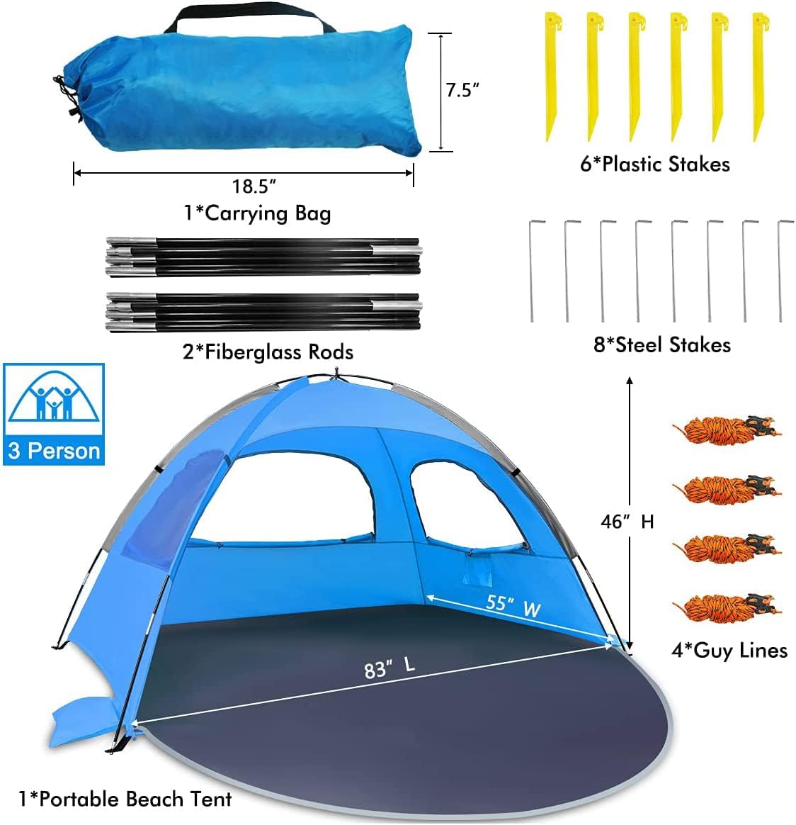 NXONE Beach Tent Sun Shade Shelter for 3/4/6 Person Person with UV Protection, Extended Floor, 3 Mesh Roll Up Windows & 8.0/8.5mm Fiberglass Rods丨Carry Bag Included