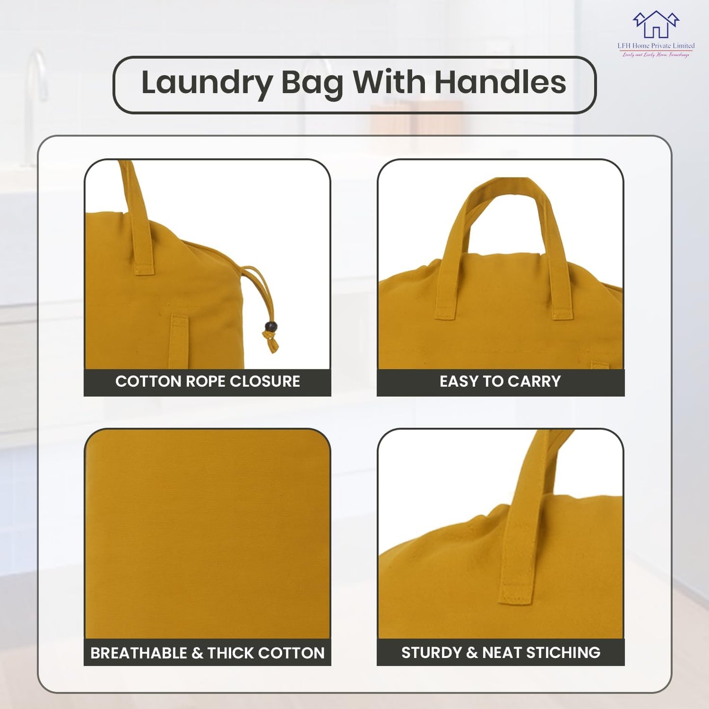 LFH Home Cotton Canvas Large Laundry Bag with Handle, Heavy Duty Drawstring Closure Washable Laundry Bags, School Travel, Home, Hotel, College Dorm, Organizer Sack, Toys Clothes 28x40-Yellow