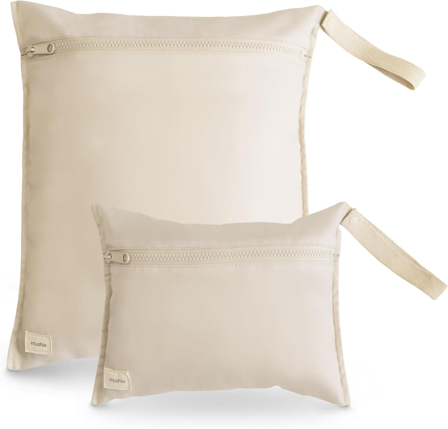 mushie Water Resistant Wet Bags | Large & Small Reusable Storage Bag for Baby Items and Travel | Zippered Pockets with Handle | Machine Washable, Set of 2 (Fog)