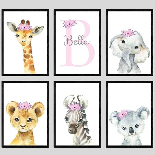 Personalized Safari Animals for Baby Girls Nursery, Set of 6 Unframed Poster Prints, Personalized Name Pink Lilac Floral, Girls Bedroom Decor, Elephant Giraffe (8x10)