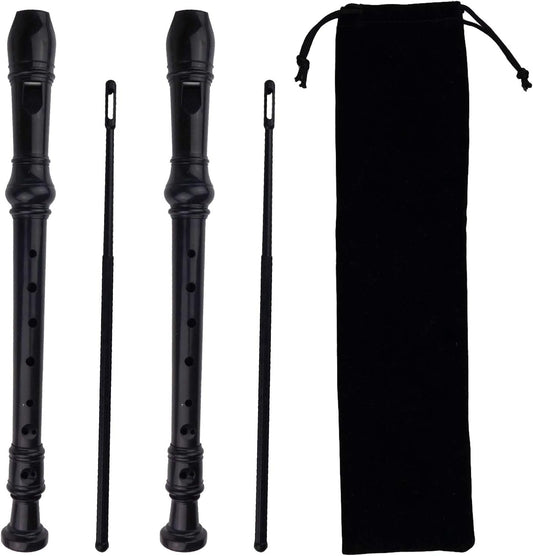 2 Pack German Style 8 Hole-3 Piece Descant Soprano Recorders with Cleaning Rod, Black Storage Bag, ABS Material (Black)