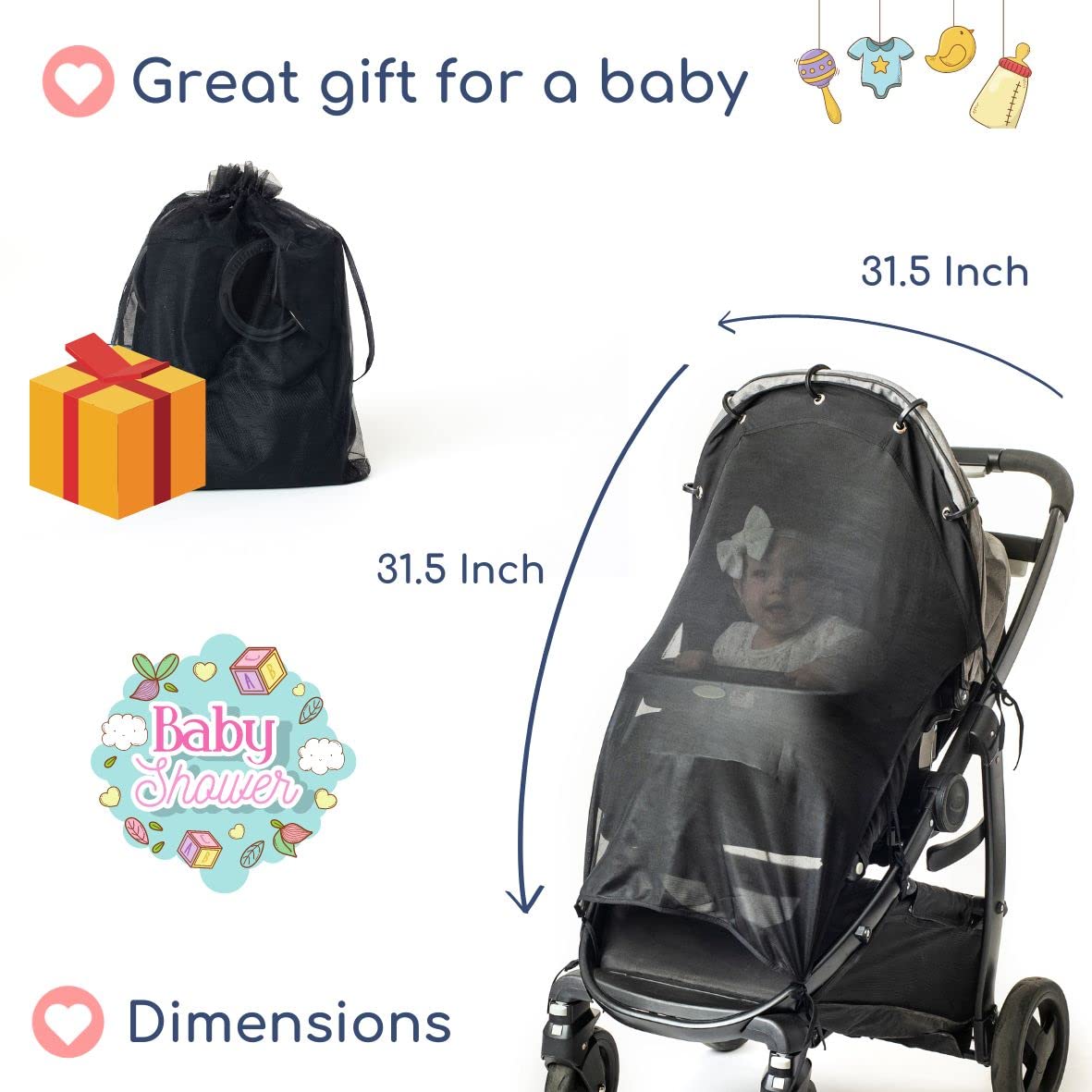 Stroller Sun Shade - Universal UV Protection Cover for Strollers Sunshade with See Through, Clip-On Sun Blocker, Sun Shield for Baby, Breathable Adjustable Fit, Full Coverage, XL Black