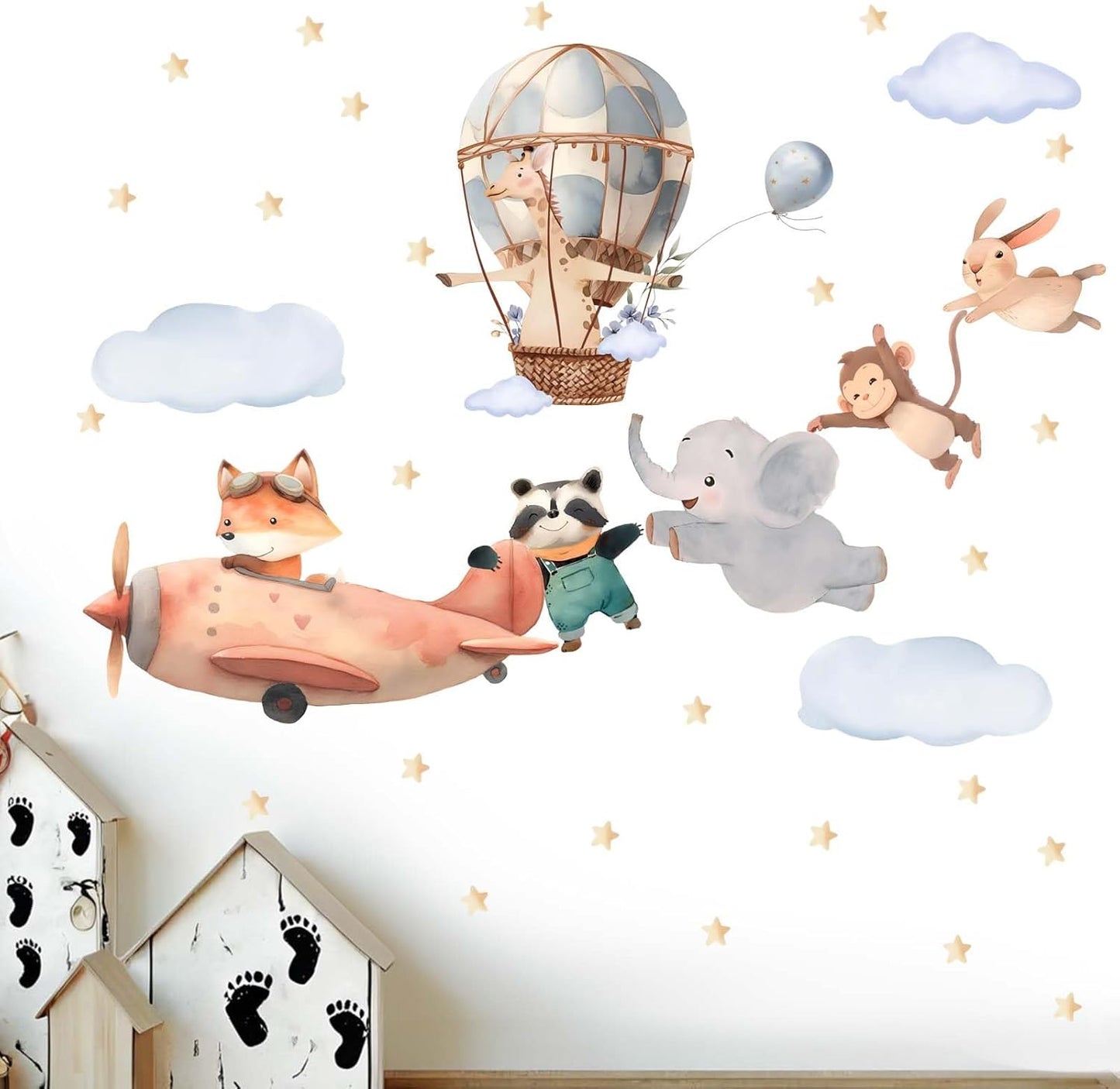 Animals Airplane Wall Stickers for Nursery: Baby Kids Bedroom Wall Decals - Aircrafts Hot Air Balloon Elephant Fox Giraffe Monkey