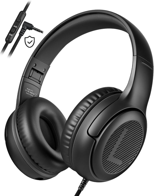 Kids Headphones Wired Toddler Headphones with Microphone - Over-Ear Headphones, 85/94dB Volume-Limiting, 3.5mm Jack Foldable On-Ear Design, Safe Comfortable for Boys Girls Learning Entertainment Black