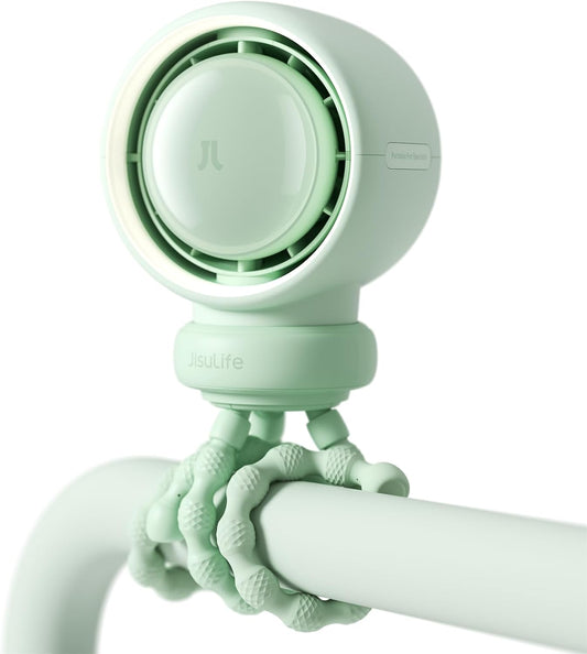 JISULIFE Stroller Fan Baby Large, Safe Bladeless for Crib, Desk, 4000mAh Battery Rechargeable Portable Cooling Fan with Air Turbo Tech, Night Light, Food-Grade Gift for Mom/Dad/Friend - Green