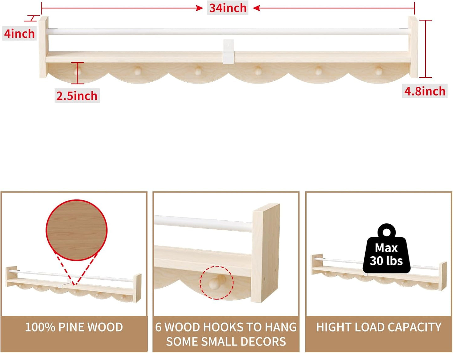 Nursery Bookshelves Wall Mounted，34inch，Set of 3, Floating Shelf Kids Coat Rack with 6Hooks,Hanging Shelf for Baby Nursery Room Décor, Patent Number: 29924445,Burlywood