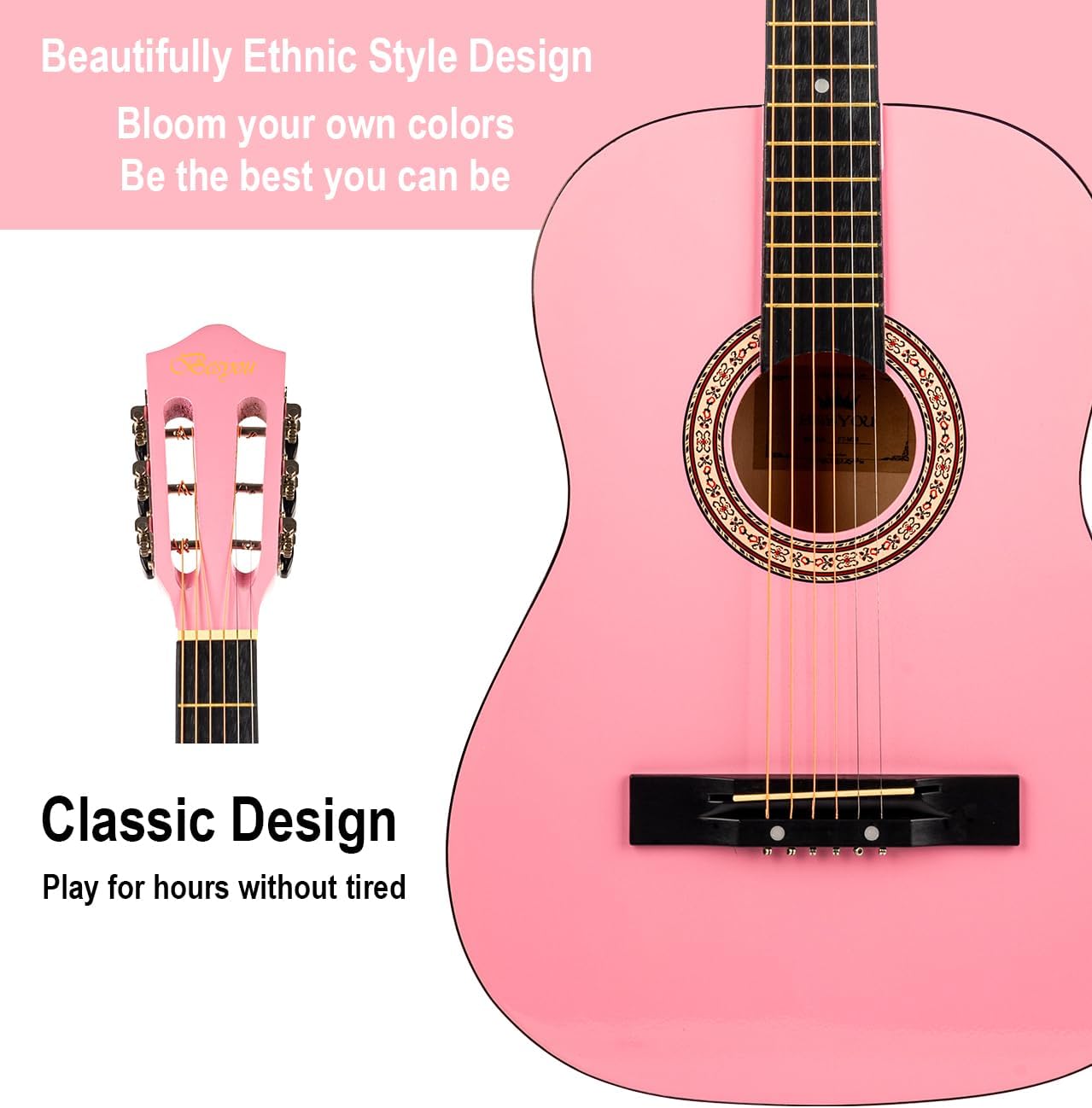 38in Beginner Acoustic Guitar Basic Starter Kit Tuner Bag Capo Strings Winders Strap Picks Student/Kids Guitar Pickguard with Gig Bag Pink
