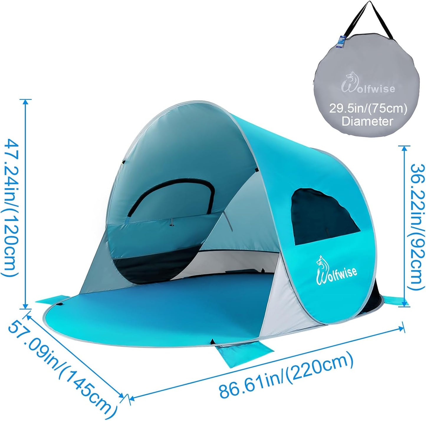 WolfWise UPF 50+ Easy Pop Up 3 Person Beach Tent Sport Umbrella Instant Sun Shelter Tent Sun Shade Canopy