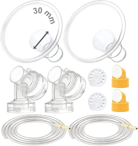 Maymom Breast Pump Kit Compatible with Medela Pump in Style Advanced Pump; 2xTwo-Piece 30mm Breastshield, 2 Valve, 4 Membrane, 2 Replacement Tubing; Replacement Part for Medela Shield, Medela Valve