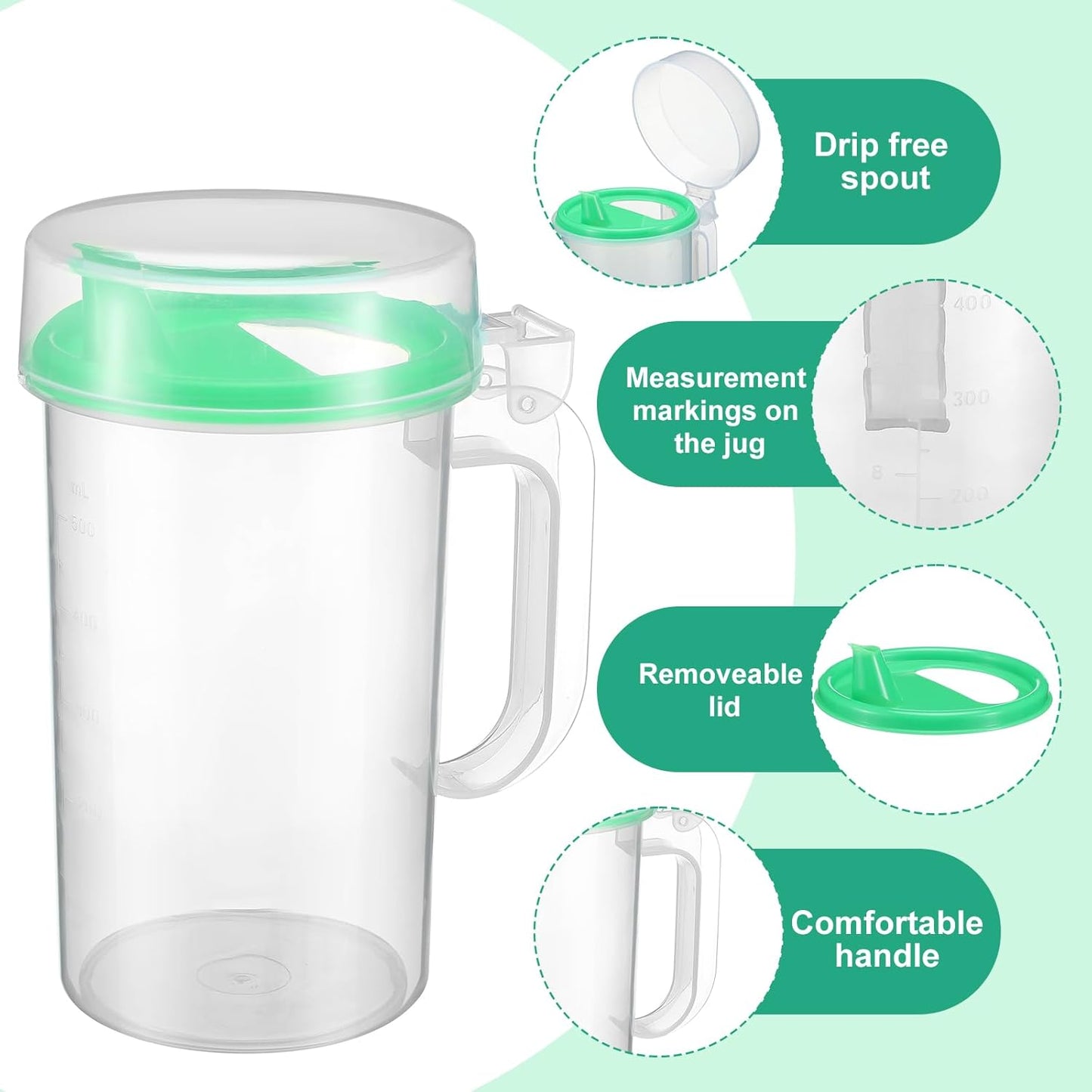 Newtay 12 Pack Early Learning Kids Easy Pouring Mini Pitchers Clear Plastic Pitcher with Lid and Handle Easy Pour Bottles 16 Oz. Jugs with Lids for Classroom Nursery Home (Light Green)