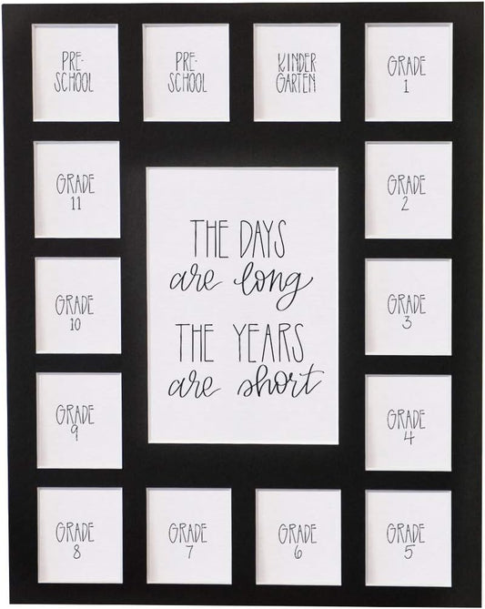 Rustic Red Door Co. School Days Picture Mat with Multiple Openings, Photo Collage, The Days Are Long, No Frame, Pre-School & Kindergarten to 12th Grade (Black, 15 Openings, 2 Pre-School)