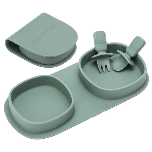 Silicone Foldable Novelty Dinner Plates,Baby Plates Travel Essential with Forks and Spoons,Microwave & Dishwasher Safe,Sage