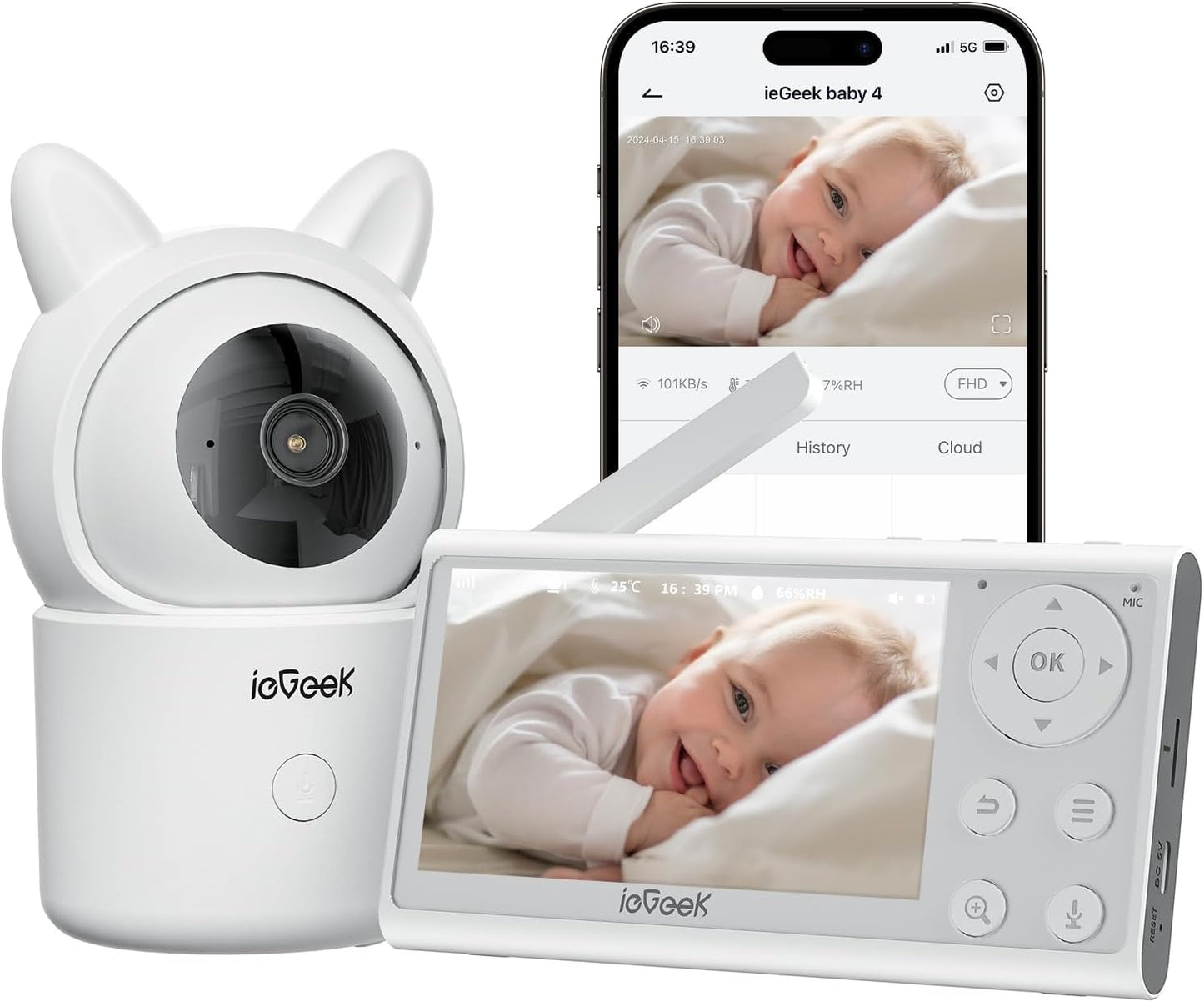 ieGeek Video Baby Monitor with Camera and Audio - 1080P FHD Monitor WiFi Smartphone - Night Vision, Motion Detection, Temper & Humidity Sensor, 2.4GHz WiFi, Pan-Tilt-Zoom via 4.3" Screen and Free APP