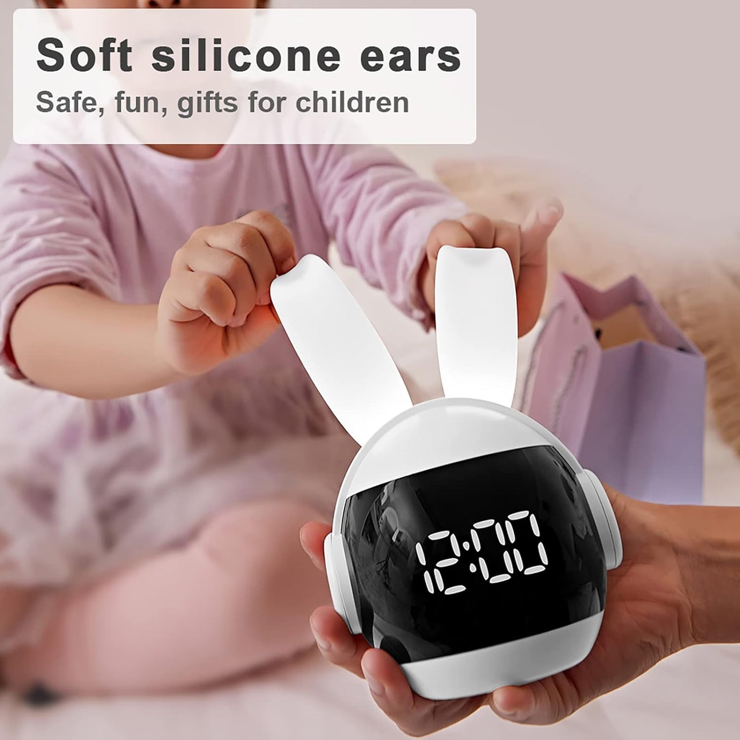 Kids Alarm Clock for Kids, Bunny Alarm Clocks for Girls Boys, White Kid Alarm Clock with Ringtones & Night Light Rechargeable Snoozing
