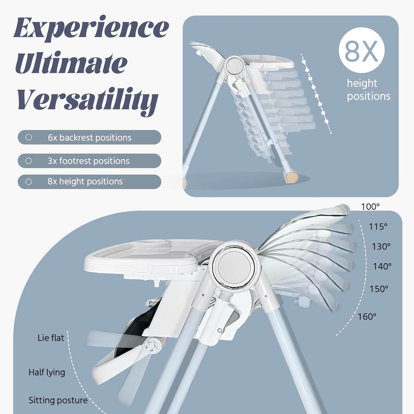 5 in 1 Baby High Chair Swings for Infants Foldable Rocking 8 Level Height Adjustment Eco Friendly Washable PU Cushion(White)