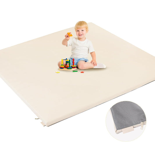 Padded Baby Play Mat, Super Soft Vegan Leather Floor Mat for Baby Girls and Boys, 48x48 Non-Slip Thick Foam Cushioned Play Mat for Babies 6-12 Months, Fits Nicely Into 50x50 Playpen Mat, Beige