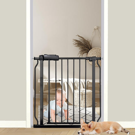 29-34 Inch Baby & Pet Gate - Black Metal, Pressure Mounted, Walk Through Safety Gate for Narrow Stairs & Doorways