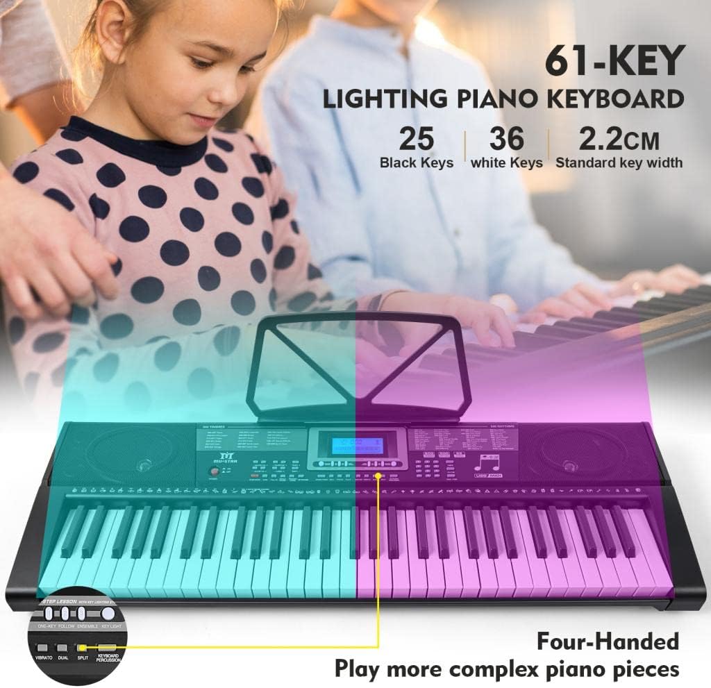 Piano Keyboard, Electric Keyboard Piano with light-Up Key, 255 Tones & Rhythms, Smart Learning System, Headphone/Mic, Stand, Bench, 61 Key Piano Keyboard for Beginners, Kids (Black-1)