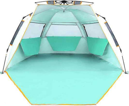 WolfWise 3-4 Person Easy Up Beach Tent UPF 50+ Portable Instant Sun Shelter Canopy Umbrella with Extended Zippered Porch, Mint Green