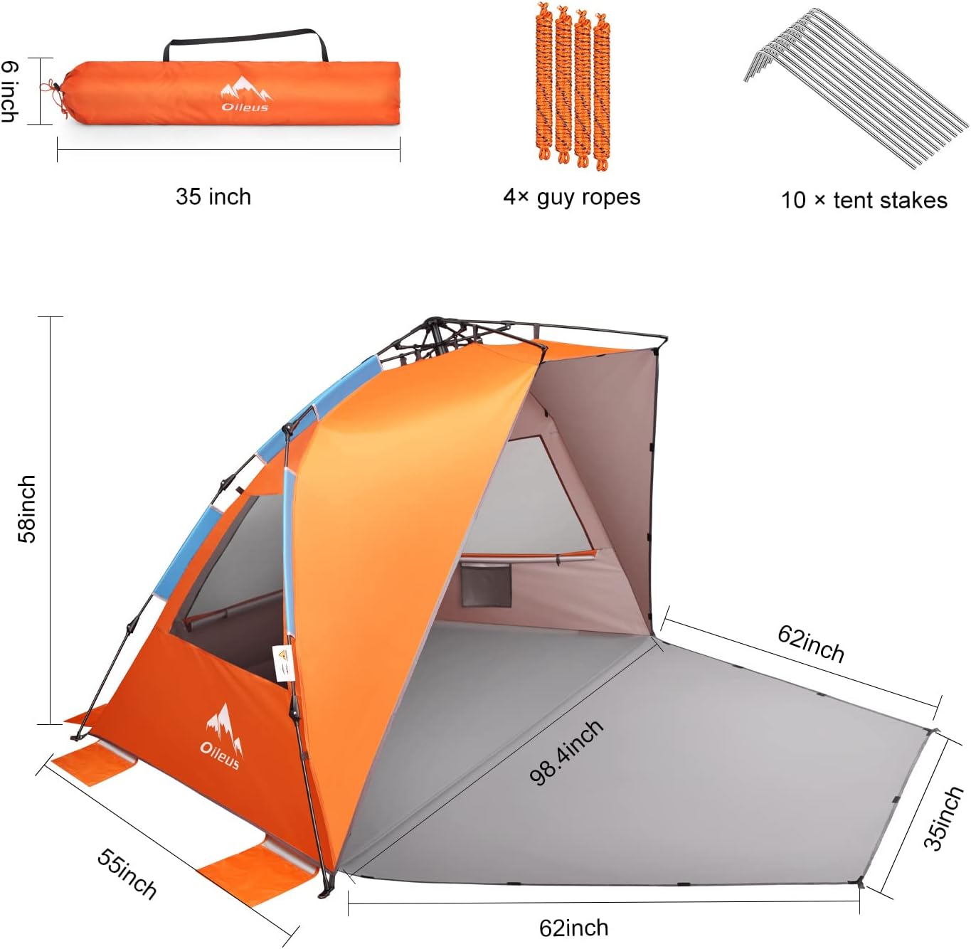 Oileus XX-Large Beach Tent Sun Shelter for 5-6 Person Portable Sun Shade Instant Pop Up Tent for Beach with Carrying Bag, Stakes, 6 Sand Pockets, Anti UV for Fishing Hiking Camping, Waterproof