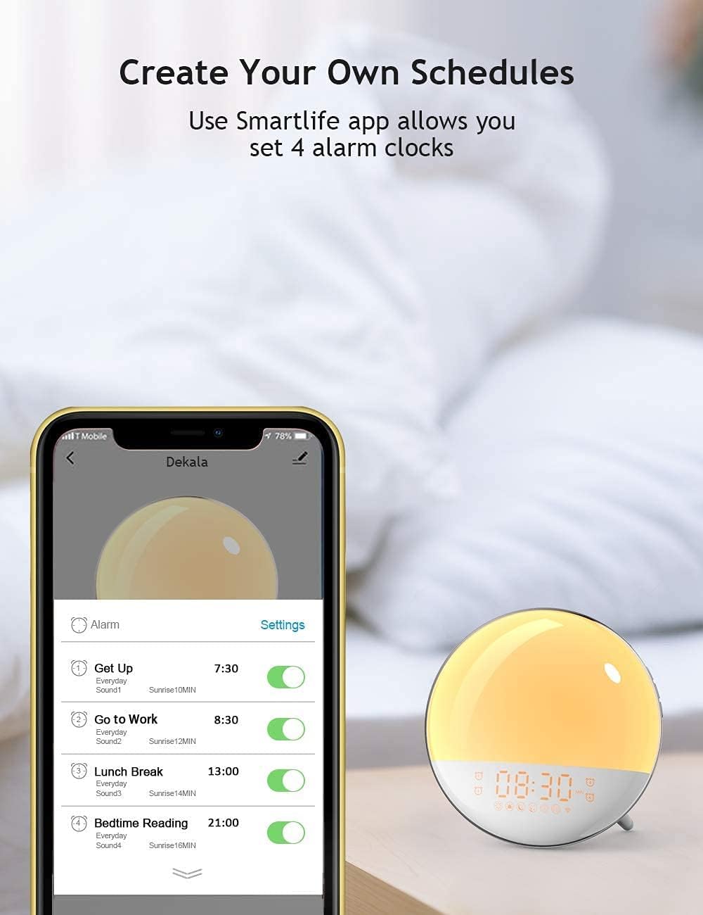 Dekala Smart Sunrise Alarm Clock for Kids, Wake Up Light for Bedrooms, Teens Heavy Sleepers,Sleep Aid with FM Radio, Sunrise/Sunset Simulation, 4 Alarm Clock, 7 Natural Sounds, APP Remote Control