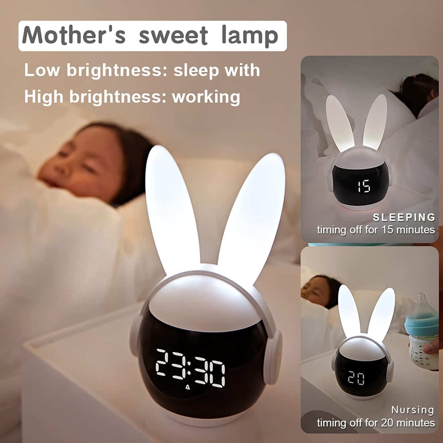 Kids Alarm Clock for Kids, Bunny Alarm Clocks for Girls Boys, White Kid Alarm Clock with Ringtones & Night Light Rechargeable Snoozing