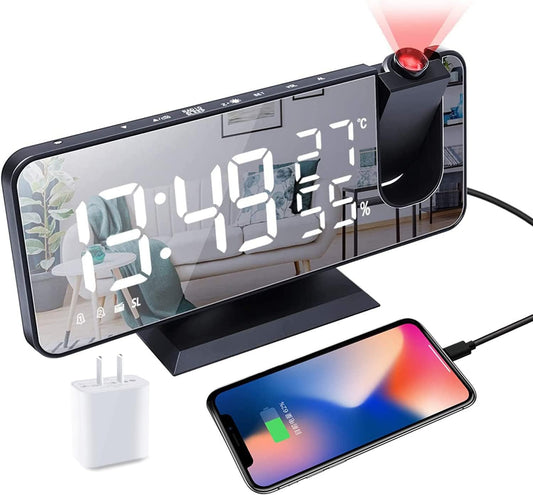 Projection Alarm Clock for Bedrooms Ceiling, Digital Clock Radio with USB Charger Port, Temperature & Humidity Display, 7.3” Large LED Display,12/24H,Snooze,Dual Loud Clock- 4 Dimmer
