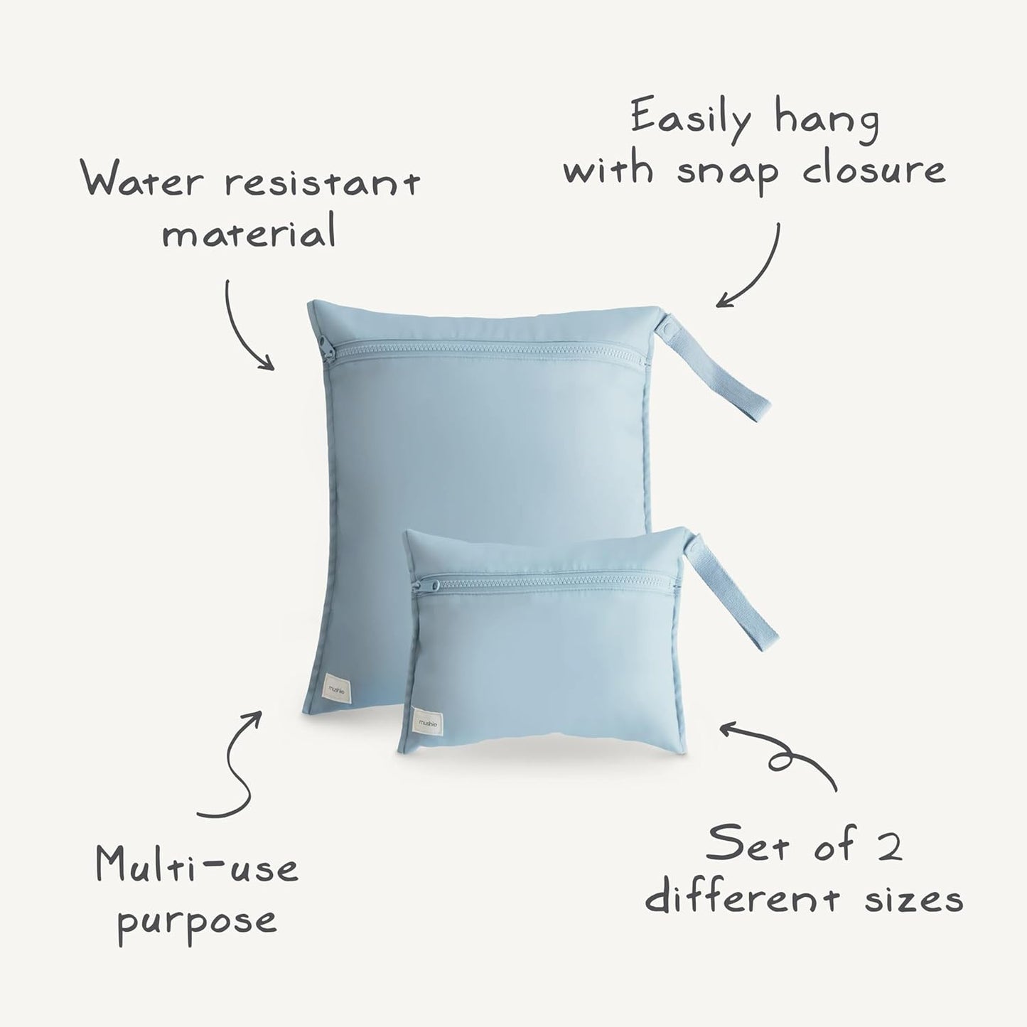 mushie Water Resistant Wet Bags | Large & Small Reusable Storage Bag for Baby Items and Travel | Zippered Pockets with Handle | Machine Washable, Set of 2 (Sun)