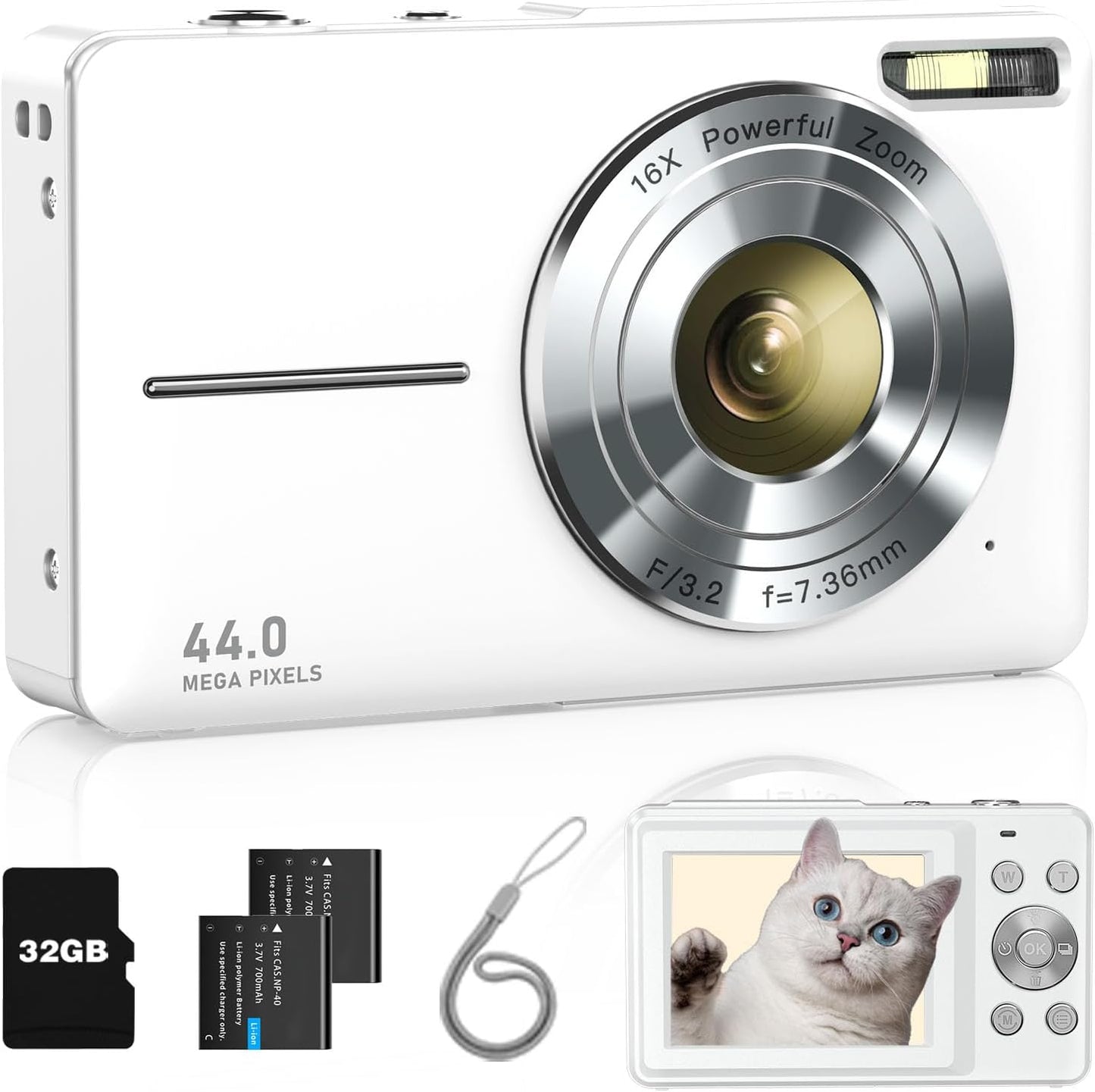 Digital Camera, Kids Camera FHD 1080P Point and Shoot Camera with 16X Zoom Anti Shake, Small Compact Camera for Teen Starter Children Kid Student Girl Boy(Pearl White)