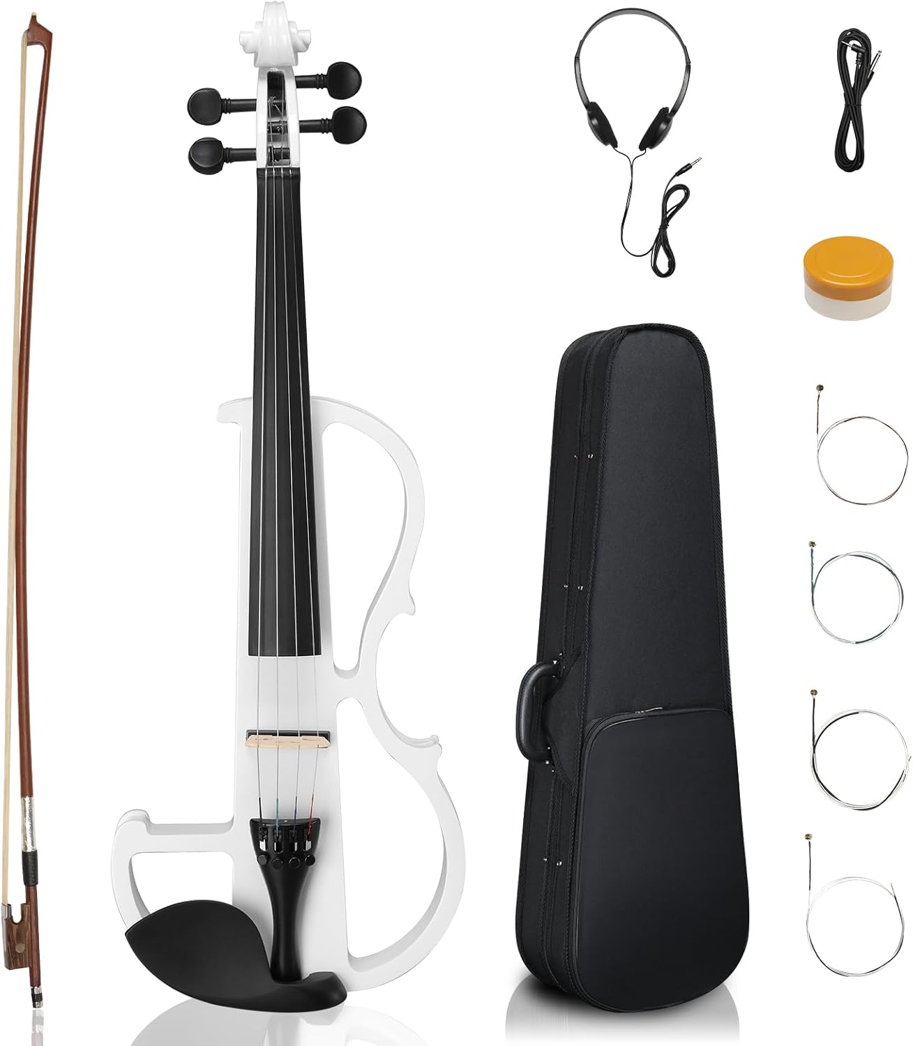 Ktaxon Full Size Electric Violin, 4/4 Acoustic Silent Electric Violin for Beginner Adults Teens with Ebony Fittings, Case, Bow, Headphone, Rosin and Extra String (White)