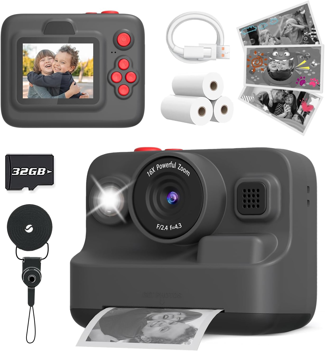Kids Camera Instant Print, Christmas Birthday Gifts for 3-12 Year Old Boys Girls, 2.4in Screen 1080P Kids Digital Camera Toys for Kids Age 3 4 5 6 7 8 9 10 with 3 Rolls Print Paper 32G Card