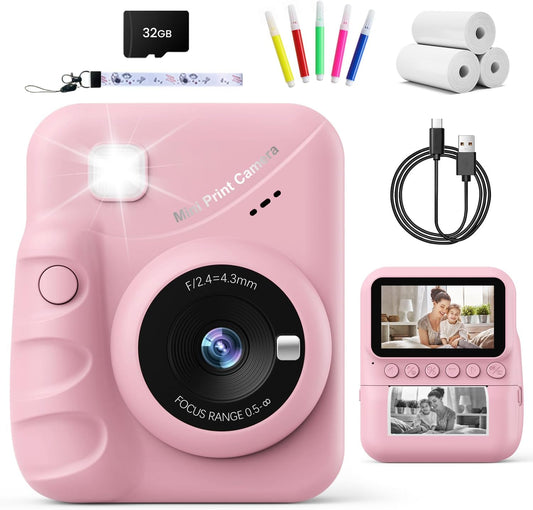 Kids Camera Instant Print for Girls Ages 3-14, 3-inch HD Screen Camera for Kids with Printing Paper, 1080P Digital Toddler Toys for 4 5 6 7 8 9 10 11 12 Years Old (Pink)
